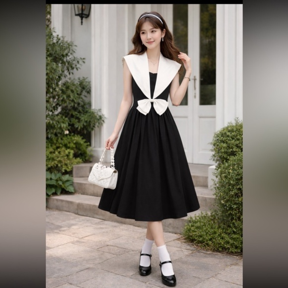 Vintage 80s black white halter dress with large white collar die 5/6